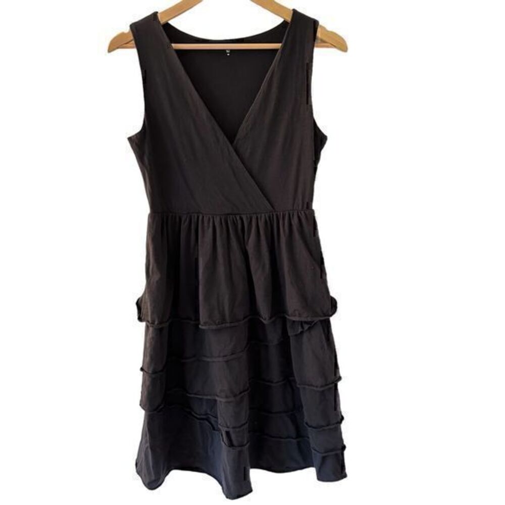 Garnet Hill Light Black Cotton V-Neck Sleevless Ruffled Midi Dress Size XS